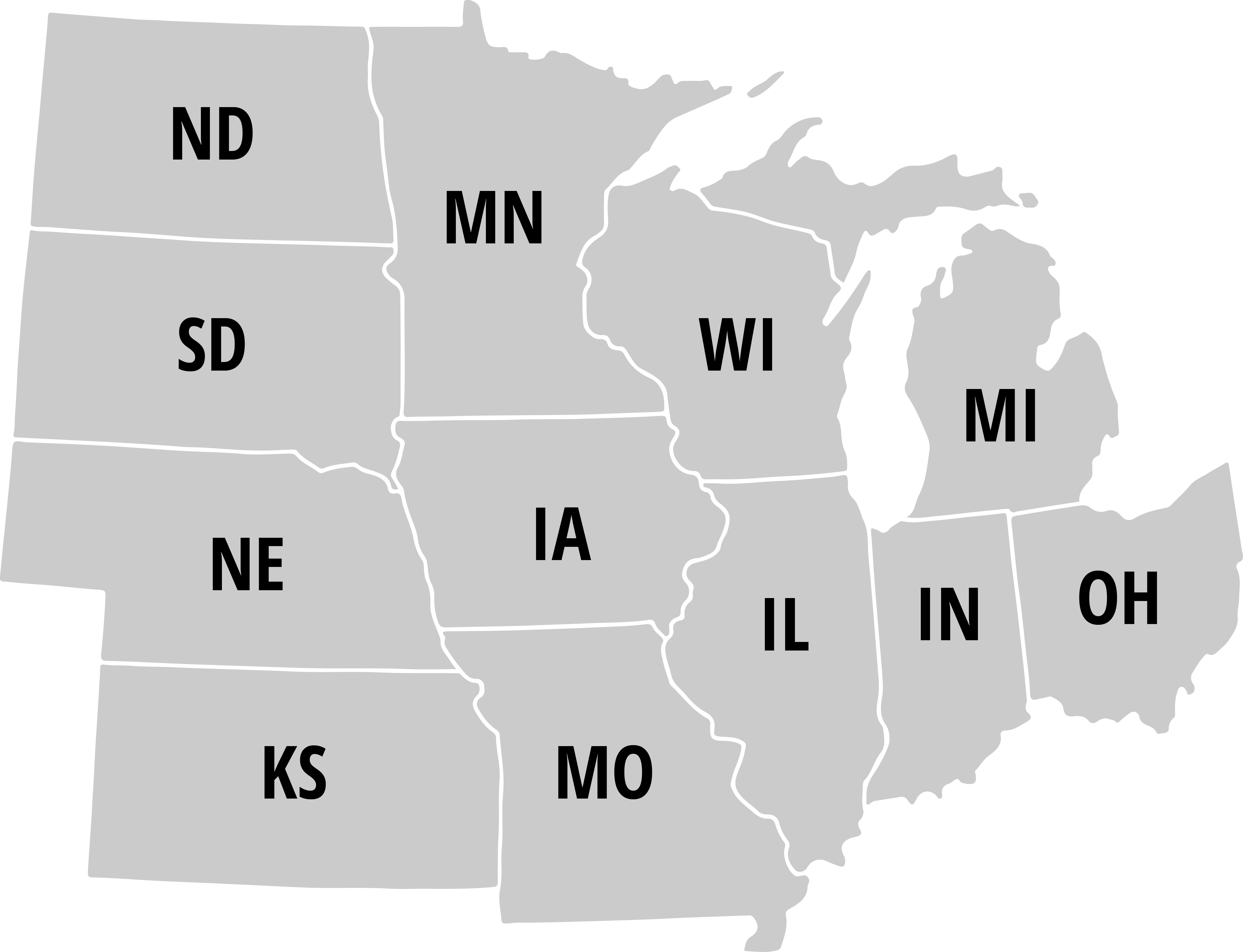 Map of the U.S. States covered by Br!NK, Renaissance Theaterworks' New Play Development Festival for women playwrights from the Midwest